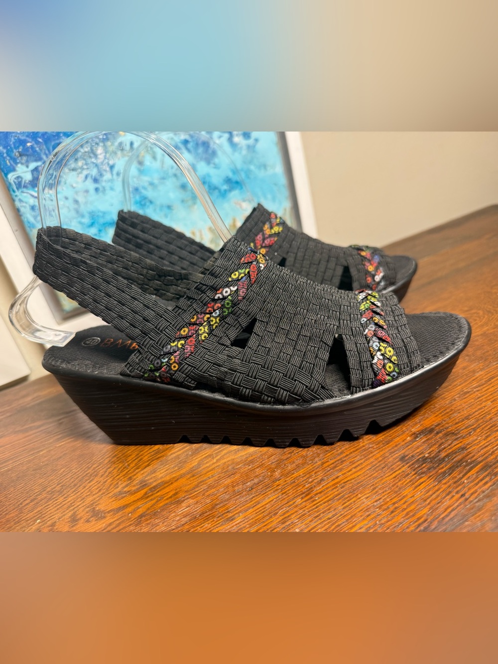 bernie mev. LULIA Black Woven Slingback Sandals Wedge Multicolor 9.5-10 40